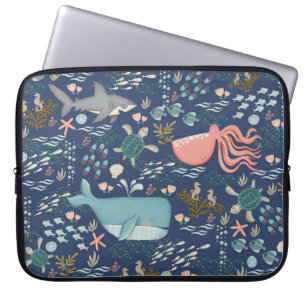Blue Watercolor Under the Sea Ocean Animal Art Laptop Sleeve