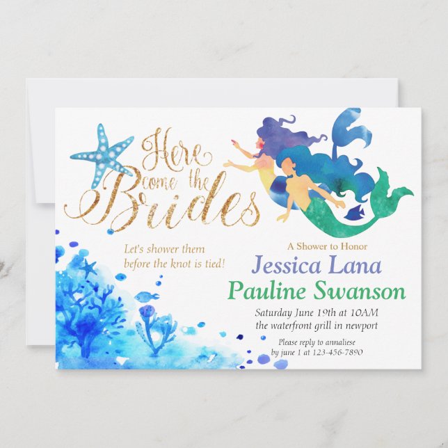 Blue watercolor undersea mermaids golden text invitation (Front)