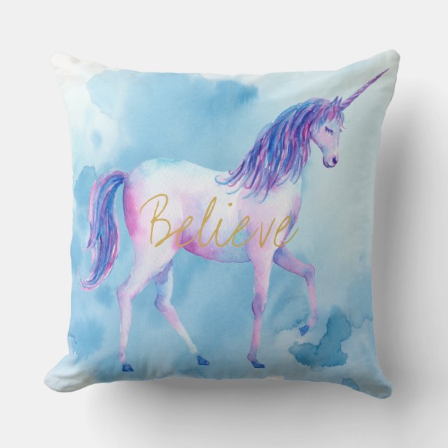 Blue Watercolor Unicorn Believe Cushion (Front)
