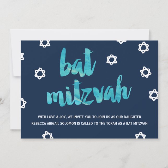 Blue Watercolor | Unique Bat Mitzvah Invitation (Front)