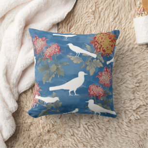 Blue Watercolor Vintage Flowers & Birds  Cushion
