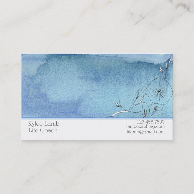 Blue Watercolor Wash Flower Business Card (Front)