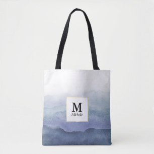 Blue Watercolor Waves Monogram Tote Bag