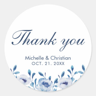 Blue Watercolor Wedding Favour Thank you Sticker