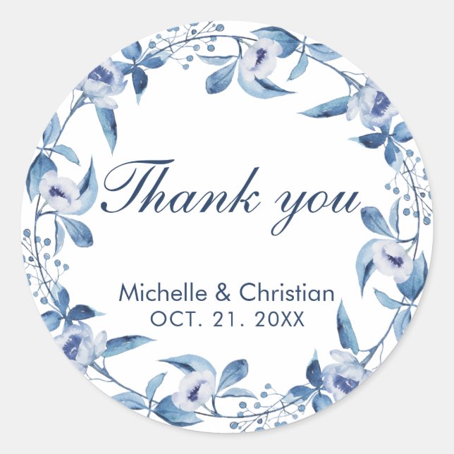 Blue Watercolor Wedding Favour Thank you Sticker (Front)