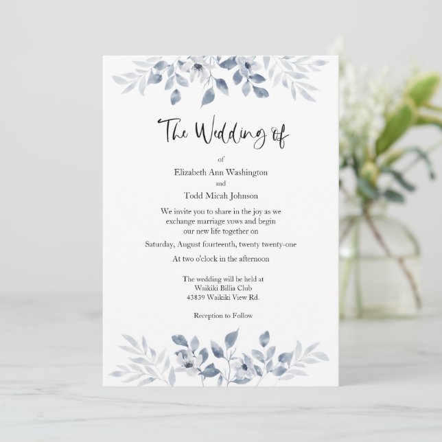 Blue Watercolor Wedding Invitation No Photo (Standing Front)
