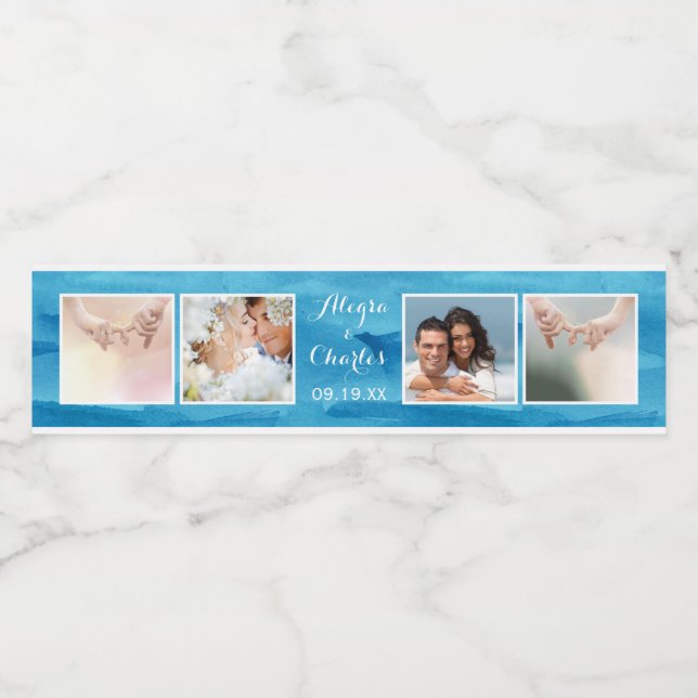 Blue Watercolor Wedding Photo Collage Water Bottle Label (Single Label)