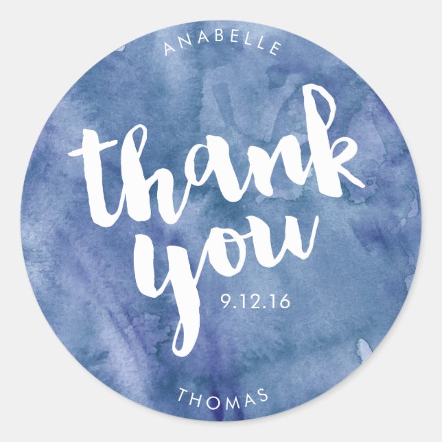 Blue Watercolor Wedding Thank You Classic Round Sticker (Front)