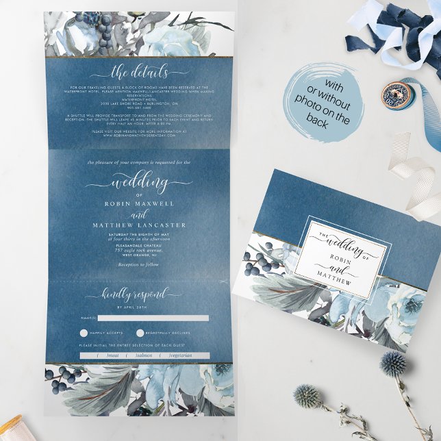 Blue Watercolor Wedding Tri-Fold Invitation RSVP (Creator Uploaded)