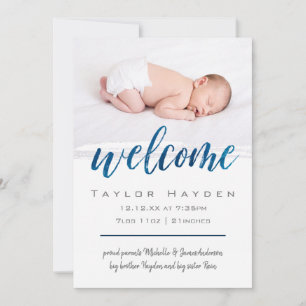 Blue Watercolor Welcome Photo Birth Announcement