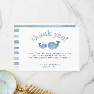 Blue Watercolor Whale Boy Baby Shower Thank You Card