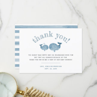 Blue Watercolor Whale Boy Baby Shower Thank You Card