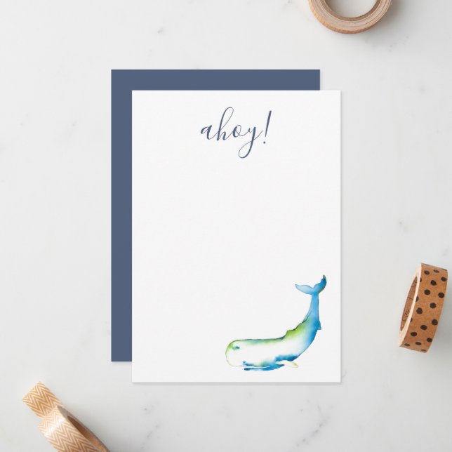 Blue Watercolor Whale Stationery Card (Front/Back In Situ)