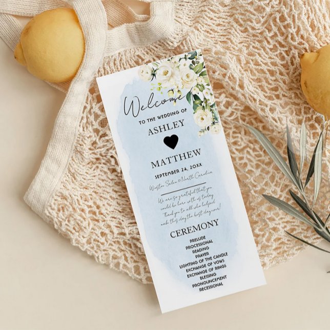 Blue Watercolor White Rose Wedding Program  (Creator Uploaded)