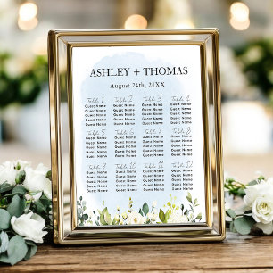 Blue Watercolor White Rose Wedding Seating Chart