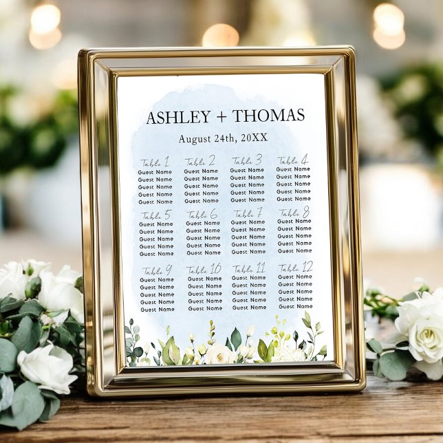 Blue Watercolor White Rose Wedding Seating Chart (Creator Uploaded)