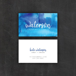Blue Watercolor + White Script   Business Cards