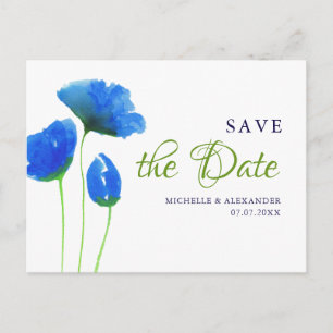 Blue watercolor Wild flowers. Save the date Postcard