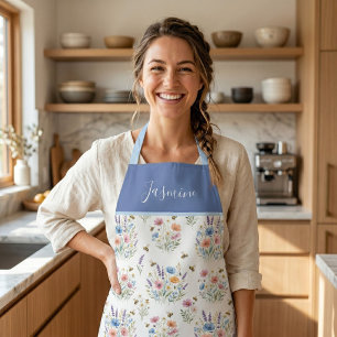 Blue Watercolor Wildflower Bees Boho Custom Name Apron