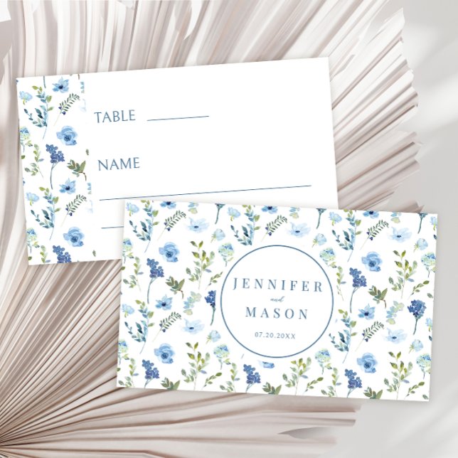 Blue watercolor wildflower blooms rustic wedding place card (Creator Uploaded)