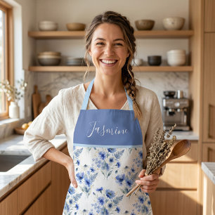Blue Watercolor Wildflower Boho Custom Name Apron
