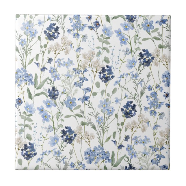 Blue Watercolor Wildflower Ceramic Tile (Front)