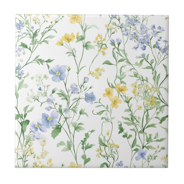 Blue Watercolor Wildflower Ceramic Tile (Front)