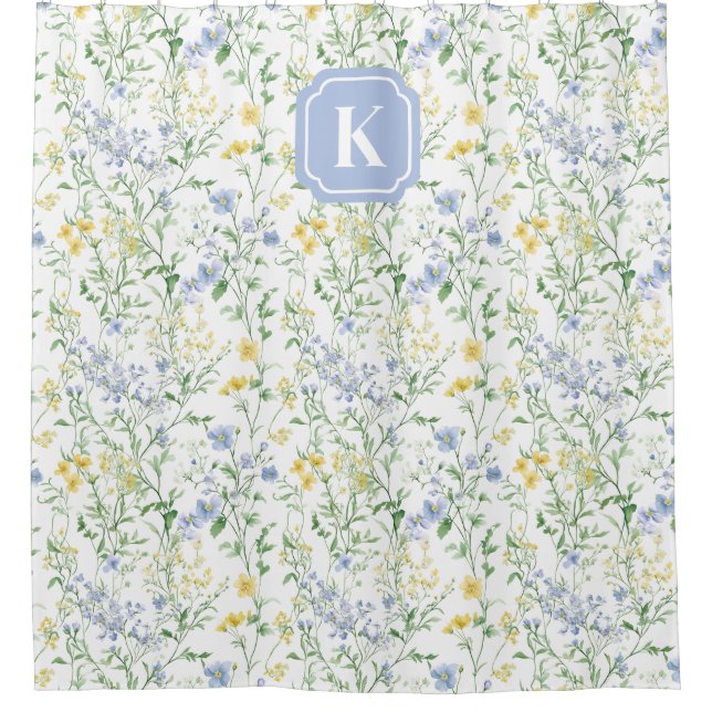 Blue Watercolor Wildflower Custom Initial Shower Curtain (Front)