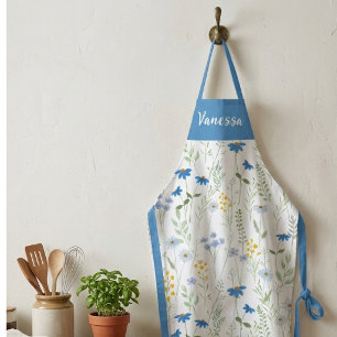 Blue Watercolor Wildflower Custom Name Apron