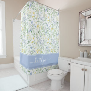 Blue Watercolor Wildflower Custom Name  Shower Curtain