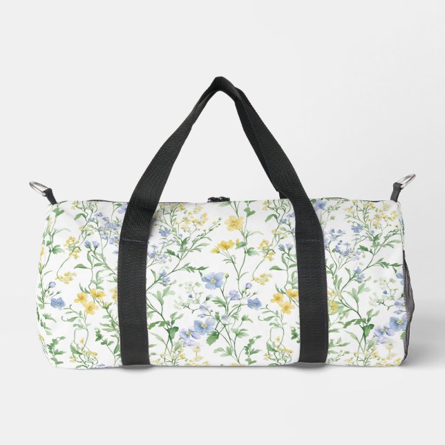 Blue Watercolor Wildflower Duffle Bag (Front)