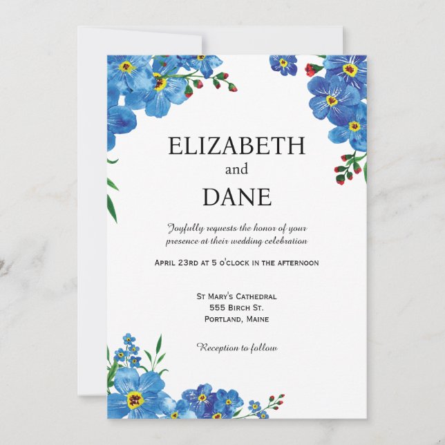 Blue watercolor wildflower floral wedding invite (Front)