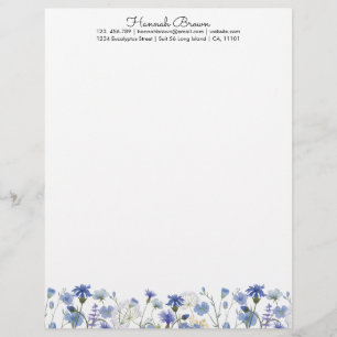 Blue Watercolor Wildflower Garden Custom Letterhead