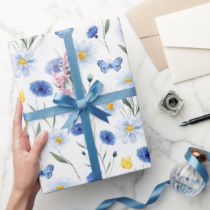 Blue Watercolor Wildflower Meadow Butterfly Wrapping Paper