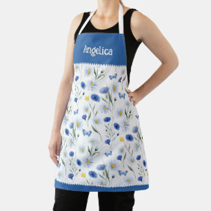 Blue Watercolor Wildflower Meadow Name Apron