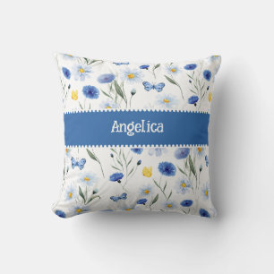 Blue Watercolor Wildflower Meadow Name Cushion