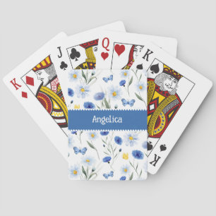 Blue Watercolor Wildflower Meadow Name Playing Cards