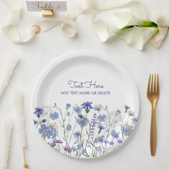 Blue Watercolor Wildflower Meadow Paper Plate (Wedding)