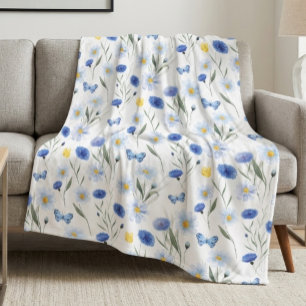 Blue Watercolor Wildflower Meadow Pattern Fleece Blanket