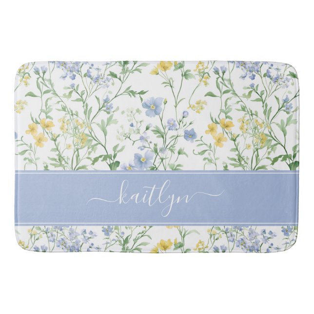 Blue Watercolor Wildflower Monogram Bath Mat (Front)