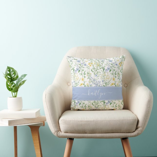 Blue Watercolor Wildflower Monogram Cushion (Chair)