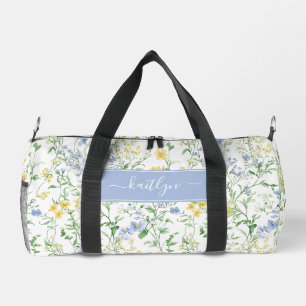 Blue Watercolor Wildflower Monogram Duffle Bag
