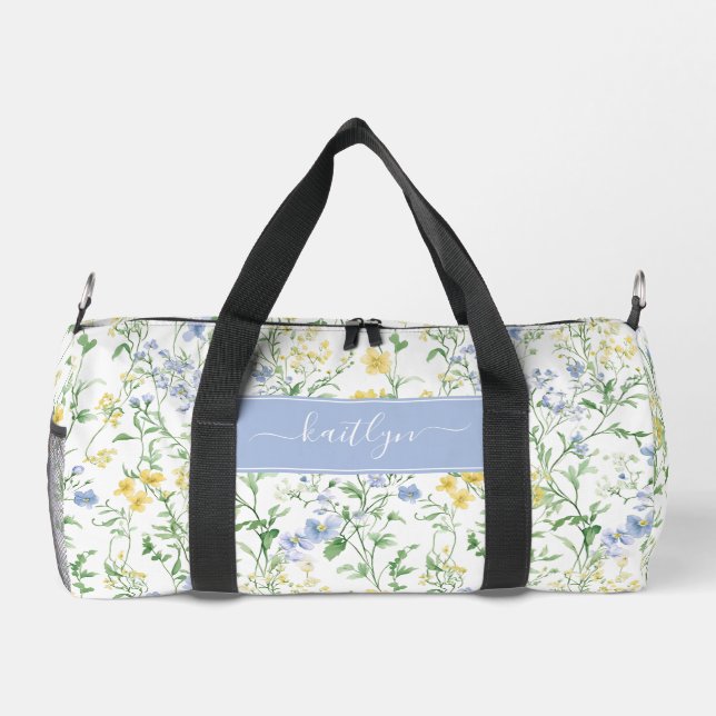 Blue Watercolor Wildflower Monogram Duffle Bag (Back)