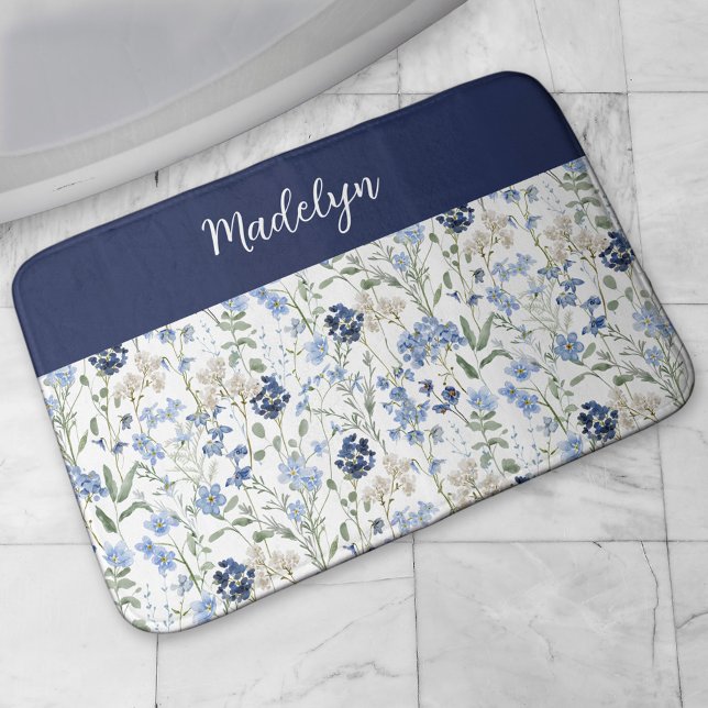 Blue Watercolor Wildflower Monogram Name Bath Mat (Creator Uploaded)