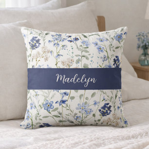 Blue Watercolor Wildflower Monogram Name Cushion