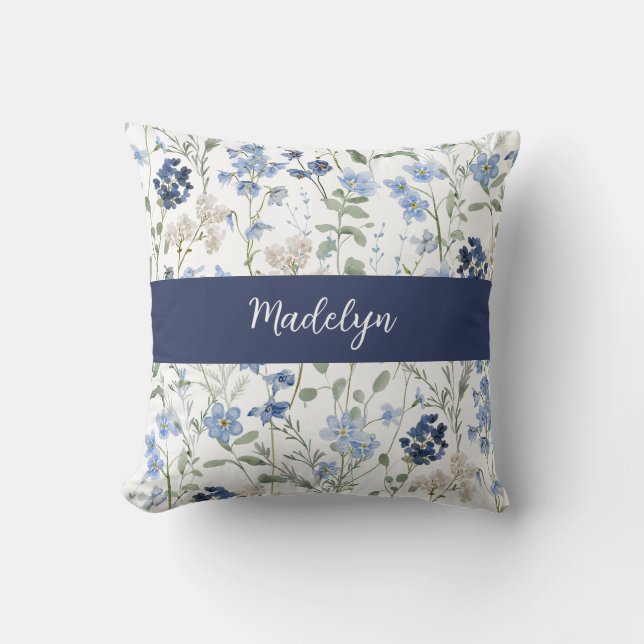 Blue Watercolor Wildflower Monogram Name Cushion (Front)