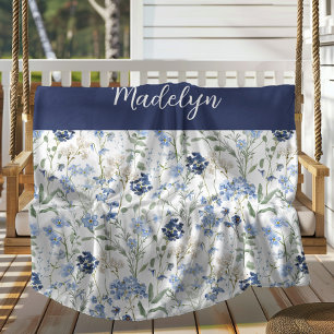 Blue Watercolor Wildflower Monogram Name Fleece Blanket