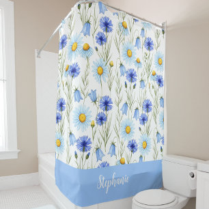 Blue Watercolor Wildflower Monogram Name Shower Curtain