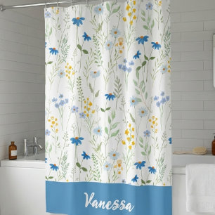 Blue Watercolor Wildflower Monogram Name Shower Curtain