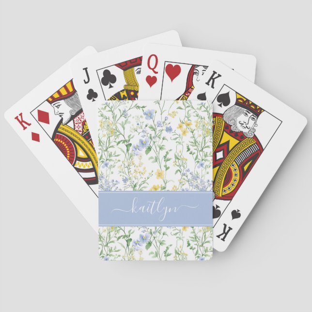 Blue Watercolor Wildflower Monogram Playing Cards (Back)